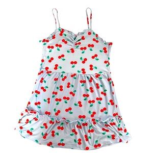 Cherry print blue spaghetti straps tiered mini dress empire waist size Large [L]